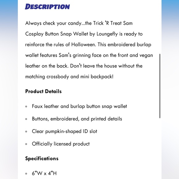Loungefly Trick 'R Treat- Sam Cosplay Button Snap Wallet Orange/Tan 6"W x 4"H - Picture 5 of 9